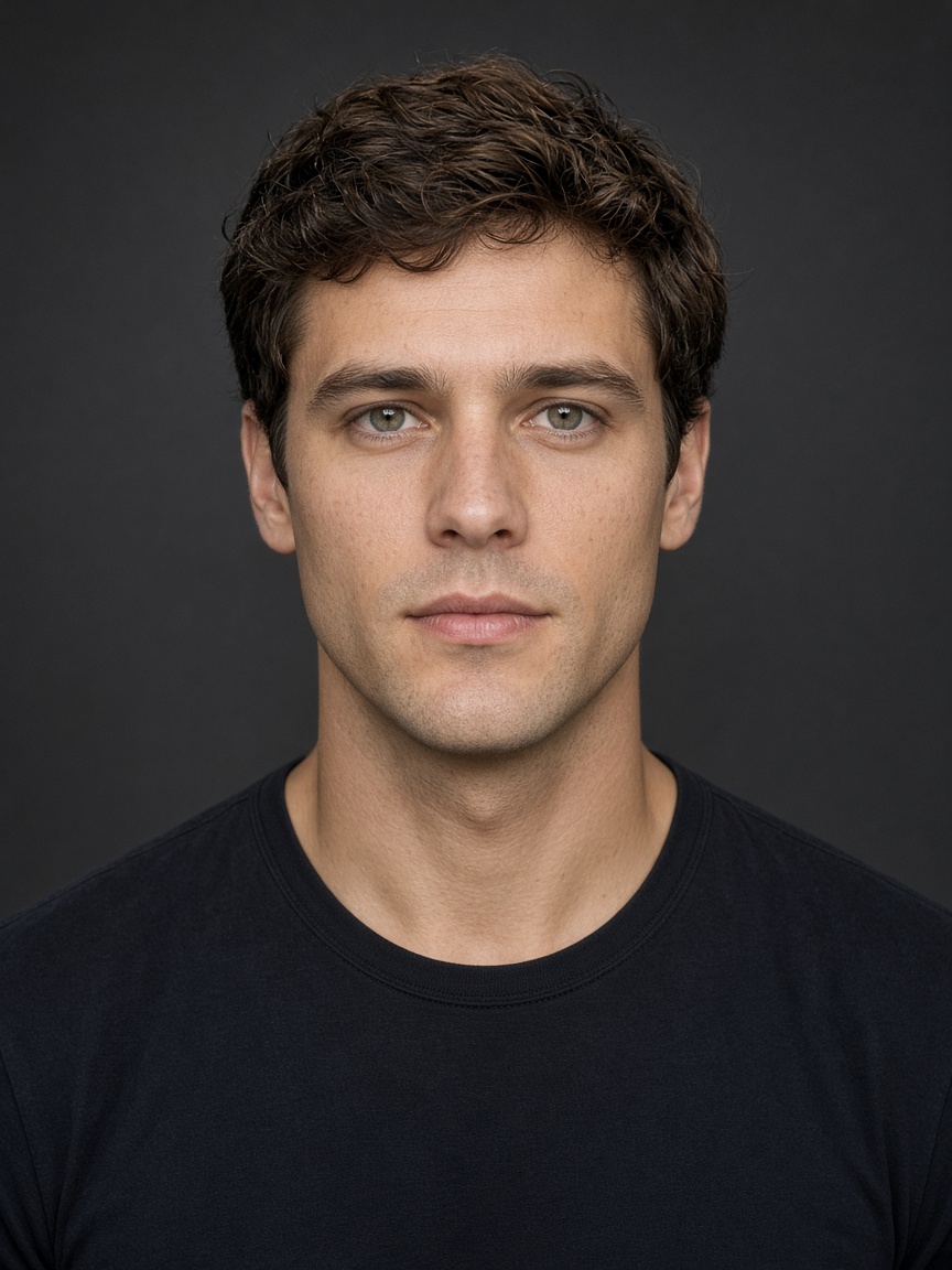 Synthetic front-facing portrait with four eye-corner points, both eye axes, a face-relative horizontal, and a canthal tilt arc